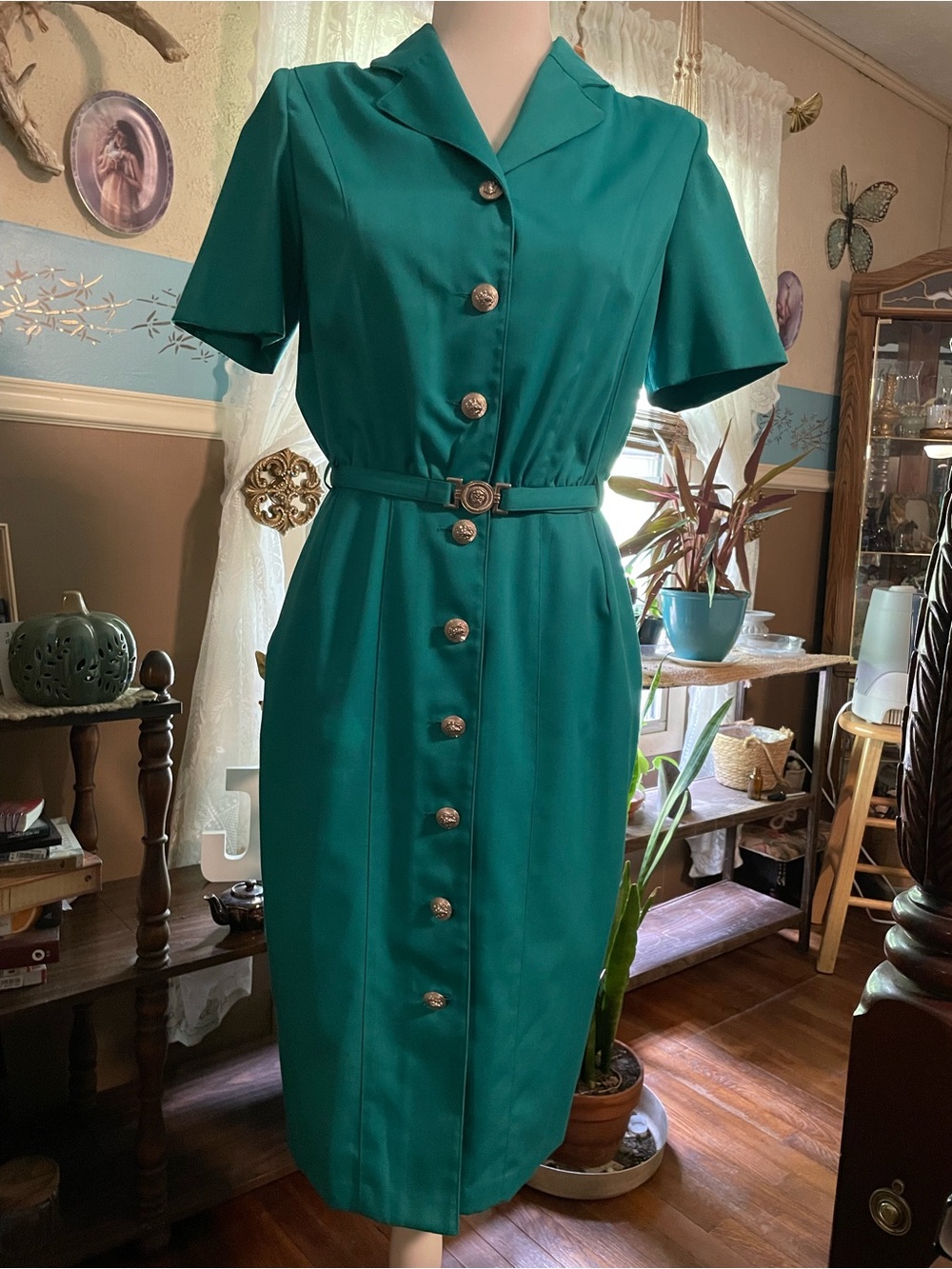 Teal Button-Front Belted Shirt Dress